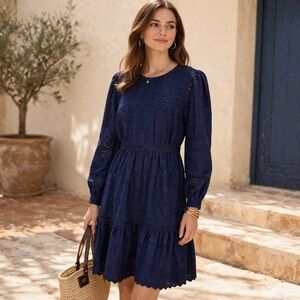 J. Crew Eyelet Lace Flutter Hem Embroidered Fit and Flare Cotton Dress Navy Sz 6